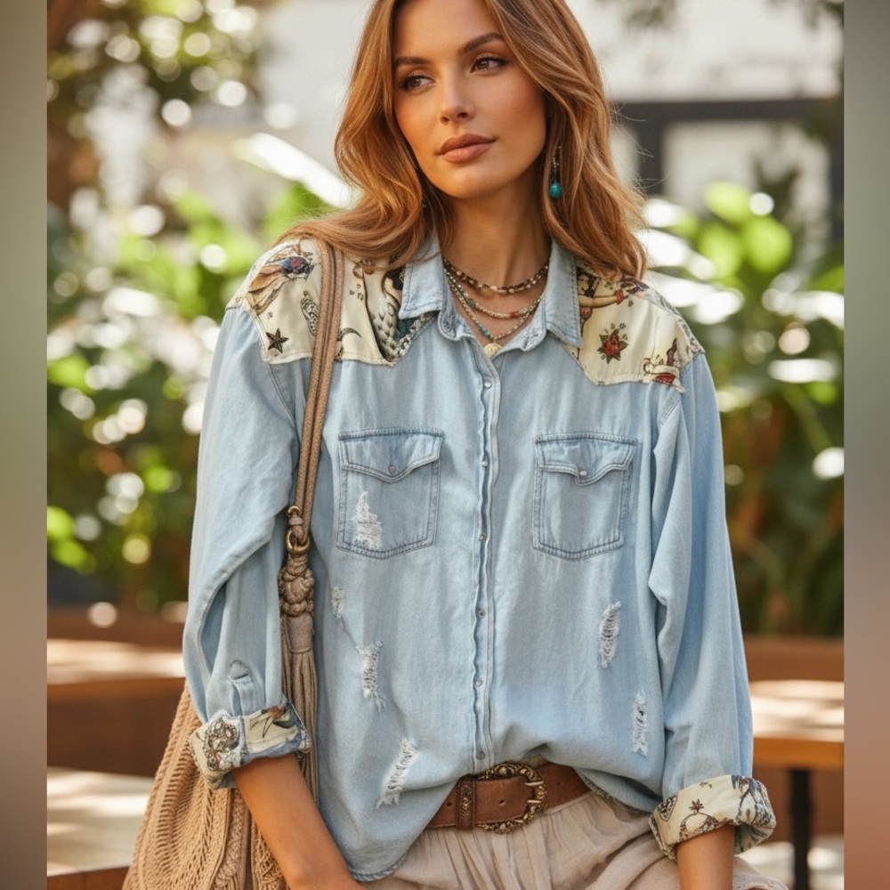 ⭐️ The Nu Vintage Denim Chambray Vintage Pin Up Style Button Down Shirt Jacket L